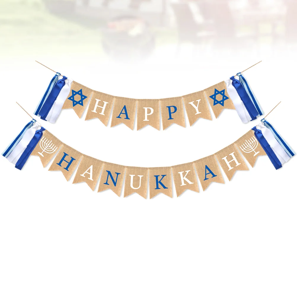 Creative Happy Hanukkah Party Banner Tassel Linen Swallowtail Pull Flag Party Supplies Banner for Party