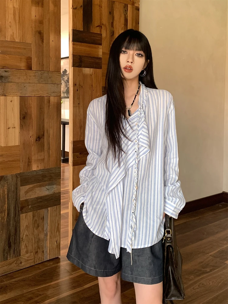

New Arrival Casual Striped Shirt Women's Cotton Long Sleeve V-Neck Mid-Length Loose Fit Spring Summer Fashion Sensation