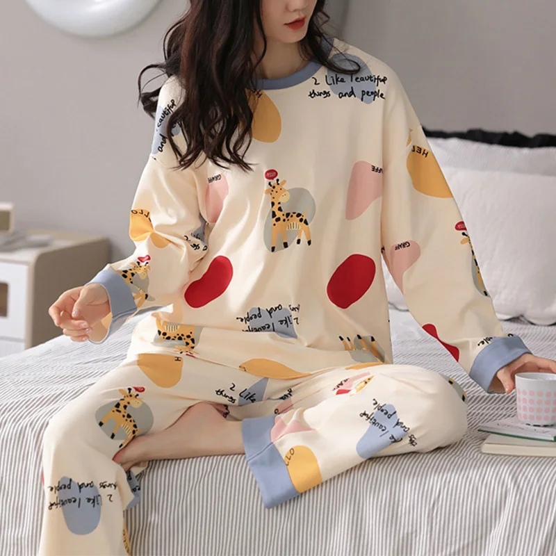 New Women's Pajamas Homewear Suit Women's Spring and Autumn Models Long-Sleeved Autumn and Winter Homewear Large Size Loose Suit