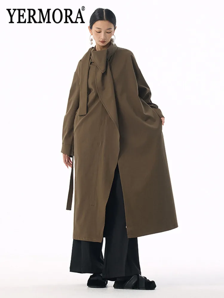 YERMORA Khaki Irregular Ruffles Belted Trench For Women Stand Collar Long Sleeve Loose Windbreaker Fashion Autumn Winter 2025