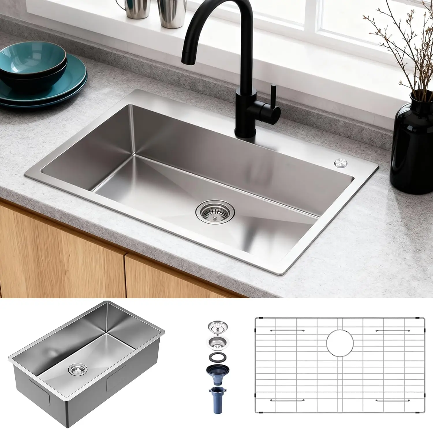 

Кухонная мойка из нержавеющей стали S304, 16-го класса толщины, 32x19x10 дюймов, ручной работы, современная, с одной глубокой чашей