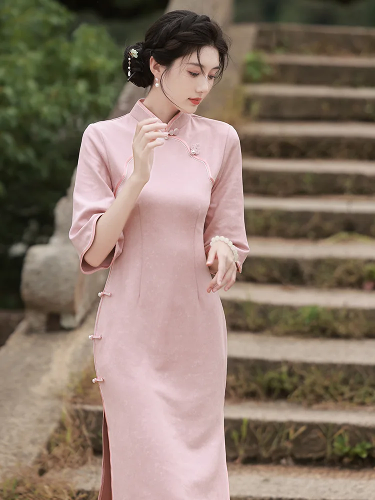 Oriental Mandarin Collar Seven Points Sleeve  Suede Cheongsam Traditional Elegant Chinese Mid-Length Lace Qipao