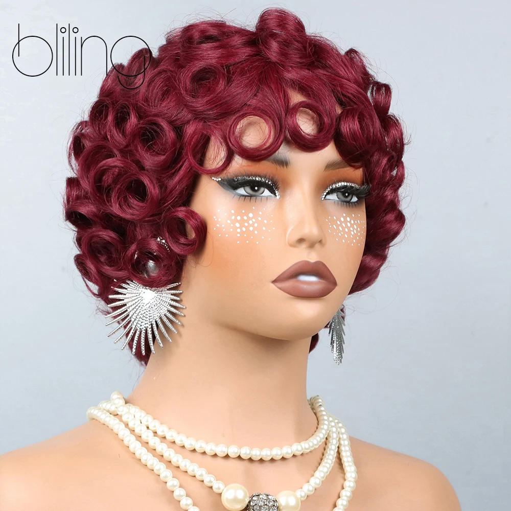 

Короткие парики из натуральных волос для чернокожих женщин, парик-пикси из натуральных волос машинной работы, бордовый 99J, безклеевые короткие кудрявые парики с челкой