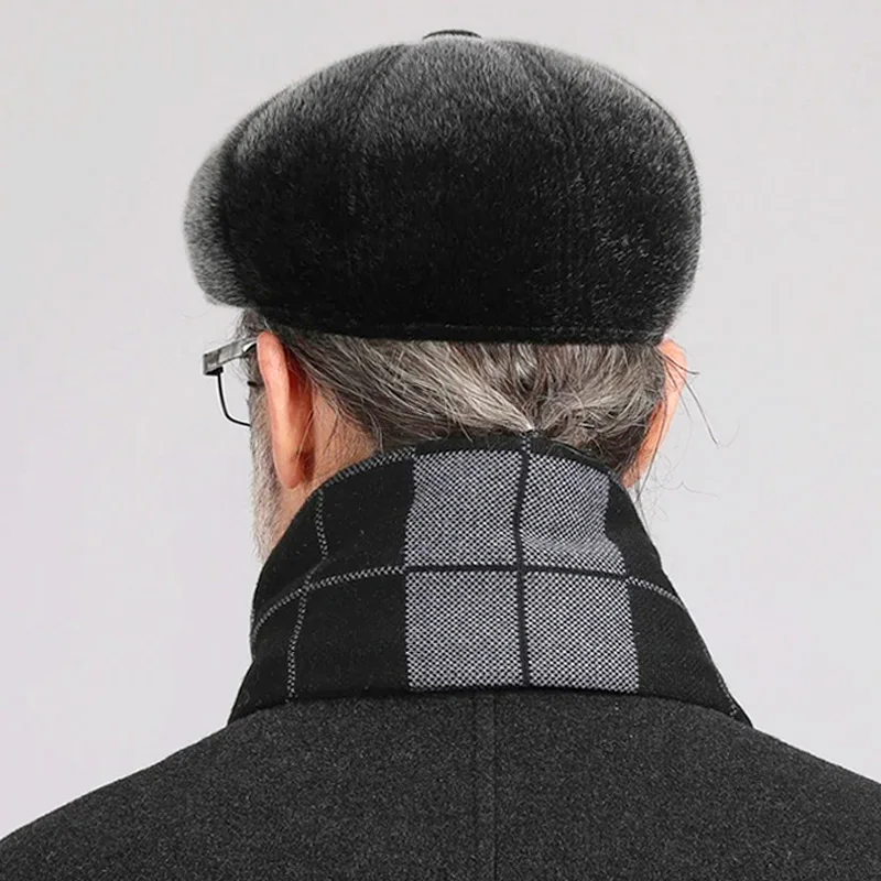 Winter Beret Cap For Men Faux Fur Driving Men\'s Newsboy Cap With Earflaps Beret Dad Hat For Elderly Flat Visor Winter Warm Hats