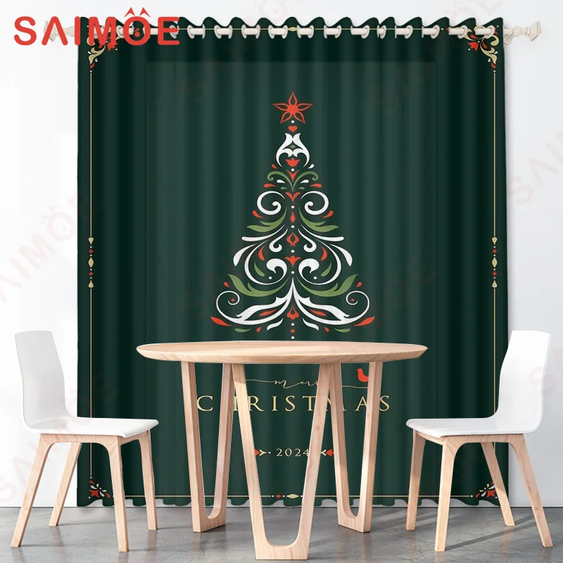 European American Fresh Simple Christmas Background Curtains Garland Bow Bell Stars Thin Polyester Fabric Home Custom Decoration