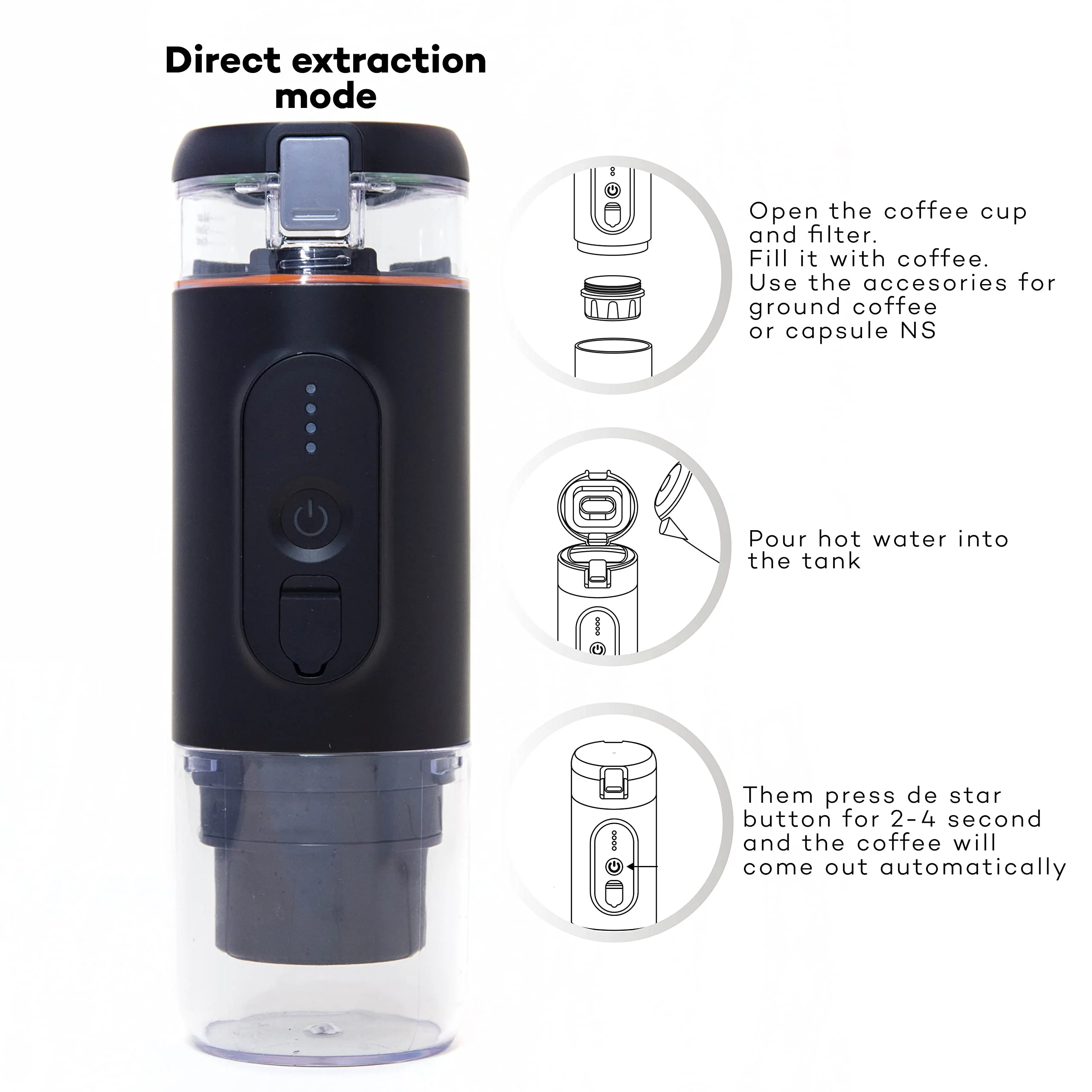 Máquina de Espresso portátil, dispositivo de 20 bares de presión, calentamiento rápido, recargable por USB tipo C, Compatible con café molido y