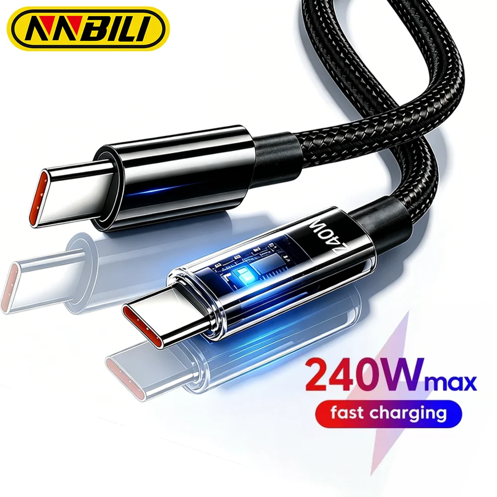 Cabo de Dados USB C PD NNBILI 240W de Nylon com Carregamento Super Rápido para iPhone 17 com Display LED, Cabo USB C para Tipo C com Carregamento Rápido