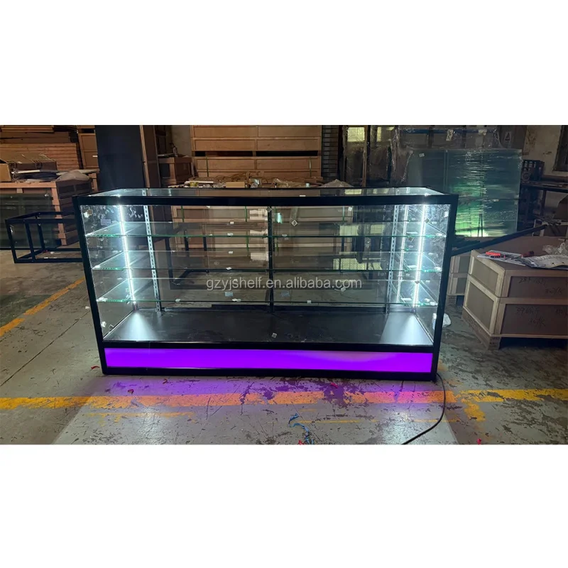 custom.6ft Glass Display Showcase LED Light Aluminum Frame Floor Standing Recyclable Durable Display Counters Smoke