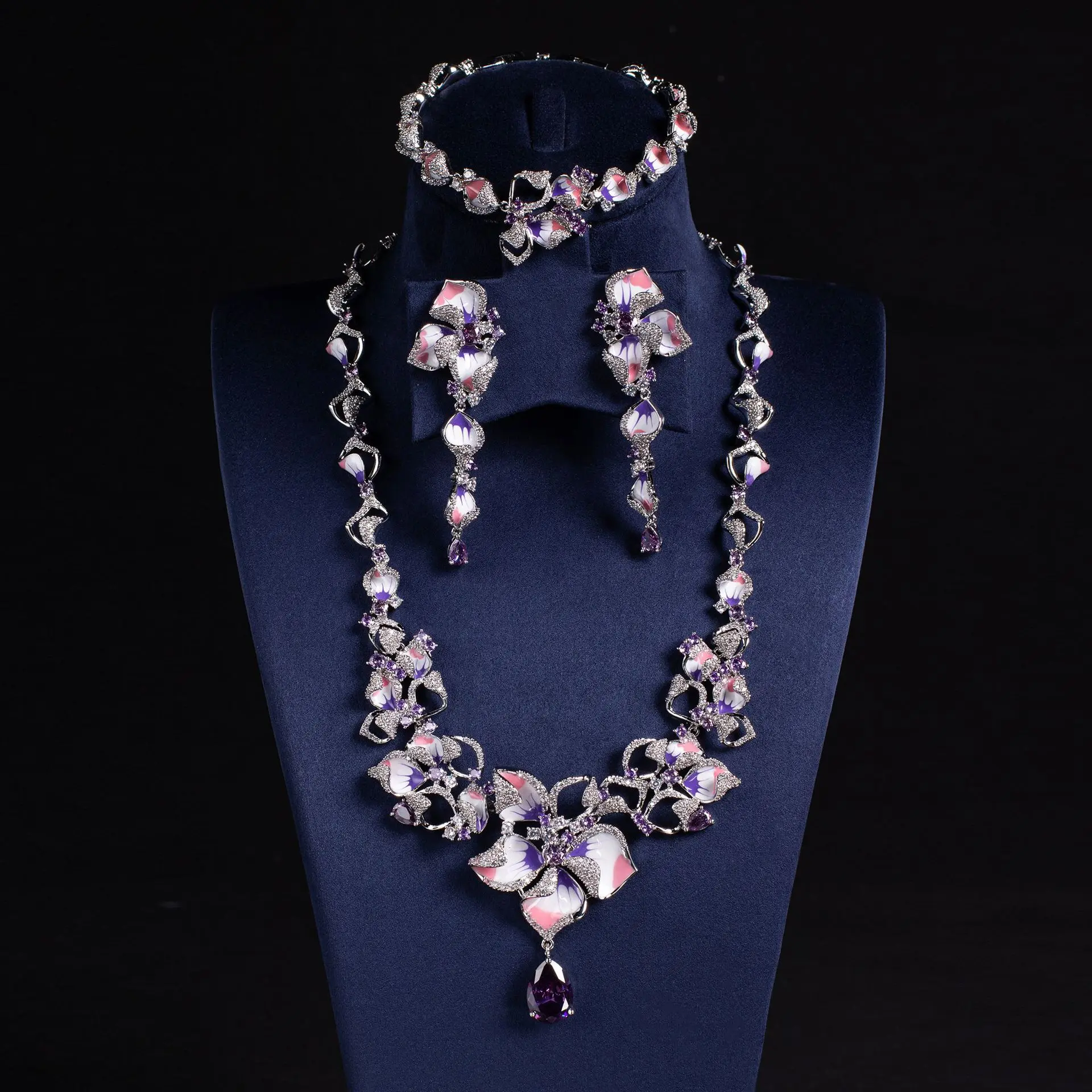 جديد متعدد الألوان موضة مجوهرات على شكل قلب النساء التركيز تبييض 2 قطعة قلادة أقراط الزفاف السفر مأدبة هدية حفلة موسيقية M-646 #3