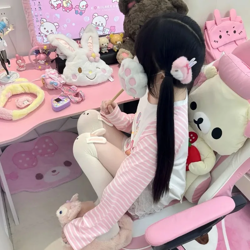 Japanische Patchwork Rosa Streifen Casual T-shirt Herbst Cartoon Druck Harajuku Tops Grunge Kawaii Nette Y2k Ästhetischen T-shirts