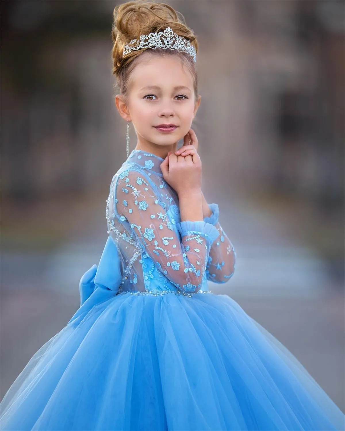 

Blue Flower Girl Dress Long Sleeve Lace For Wedding Party Girl Princess Ball Gown First Communion Celebration Dress