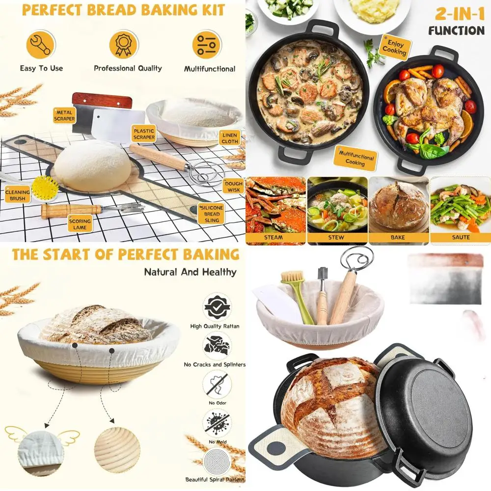 

Large 5-Quart Cast Iron Dutch Oven for Baking, Including Banneton Bread Proofing Basket and Baking Accessories, Ideal for Multi-