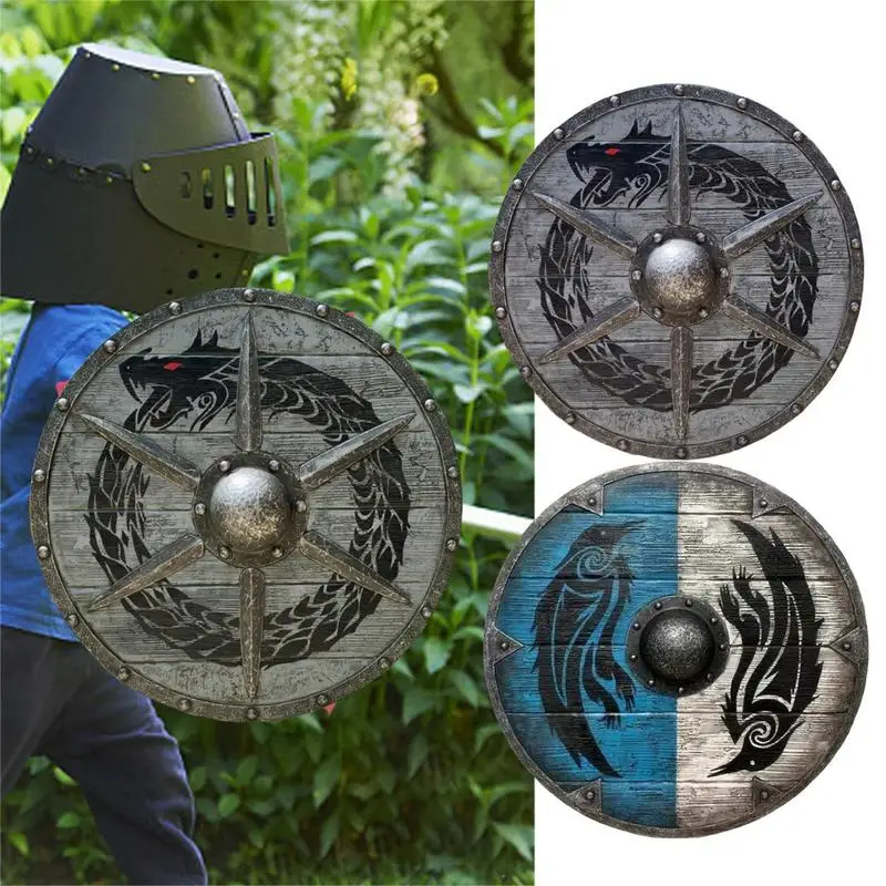 Wooden Shield Hand Painted Viking Medieval Round Weapons Eivor Valhalla Raven Hanging Ornaments Retro Home Wall Farmhouse Decor