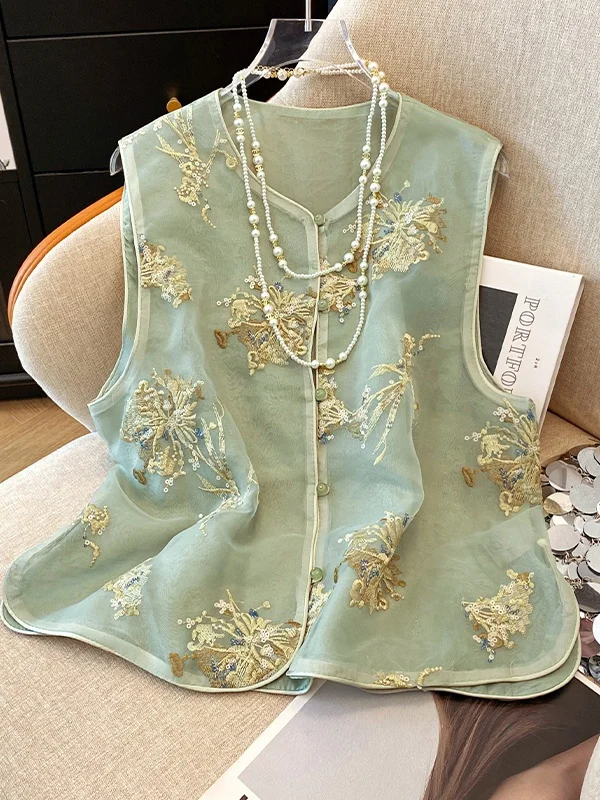 

Retro Chinese Sle een Vest Women's Summer Heavy Embroidery Button Ogees Cotton oulder Pad Top round Ne Thin Model