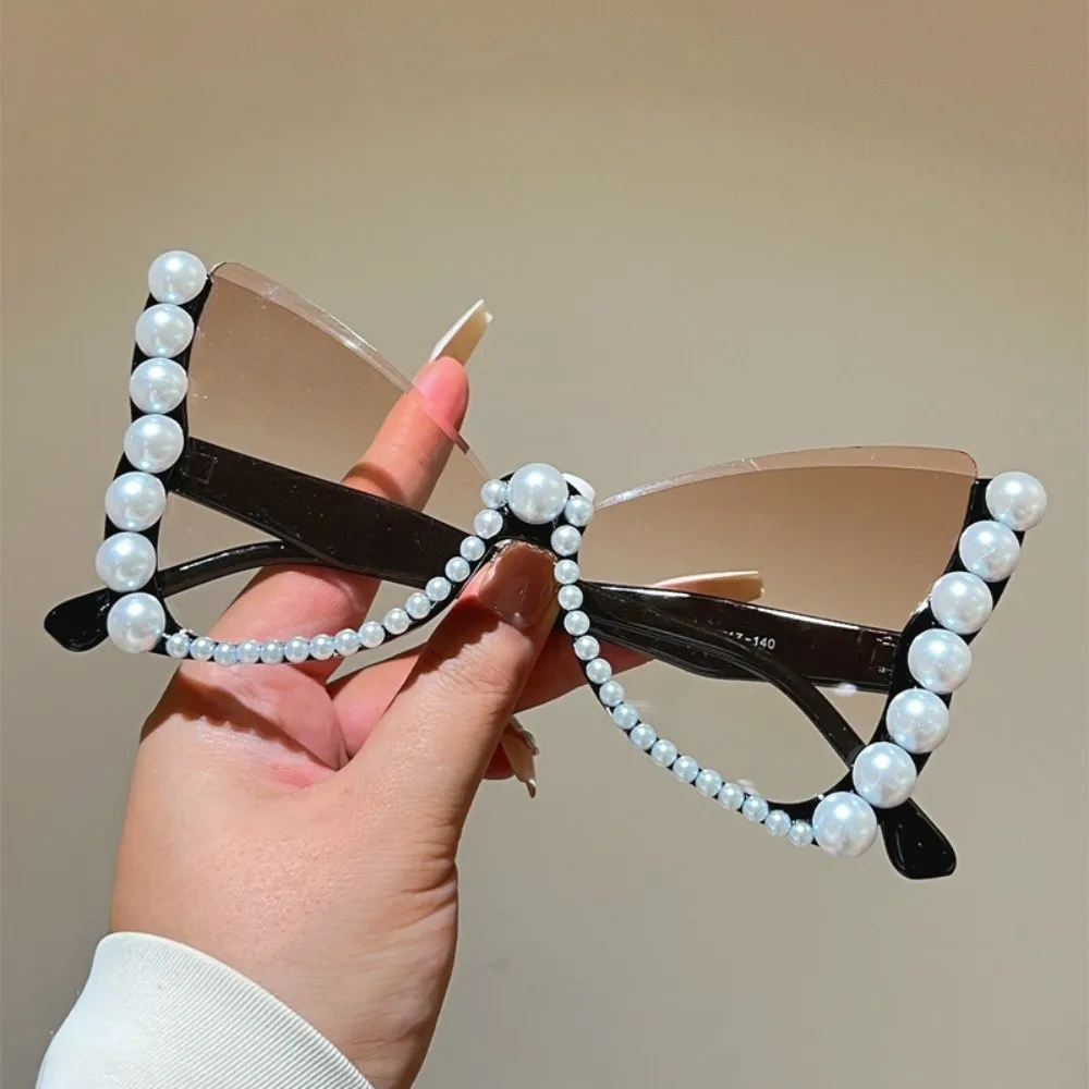Pearl Embellished Butterfly Sunglasses Tinted Lenses Decorative Frame Pearl Sunglasses Gradient Lenses Stylish Statement Eyewear