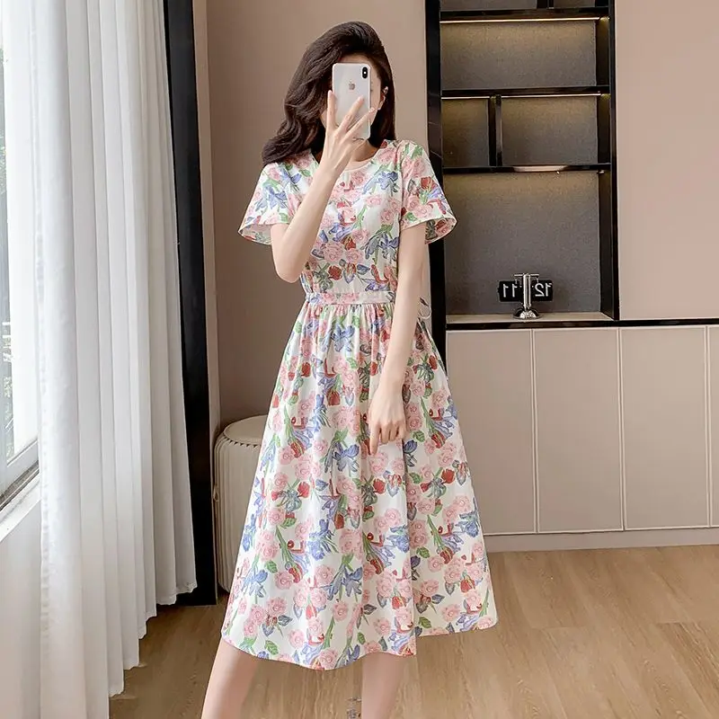 Spring Pure Cotton Women's Mid Length Summer New Short Sleeved Small Floral Loose Slimming and Stylish Printing Dress