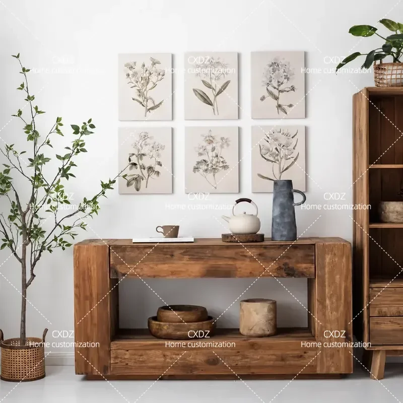 Medieval Solid Wood Entrance Table Rectangular Hollow Console Cabinet Wabi Sabi Style Living Room Decorative Wall Sideboard