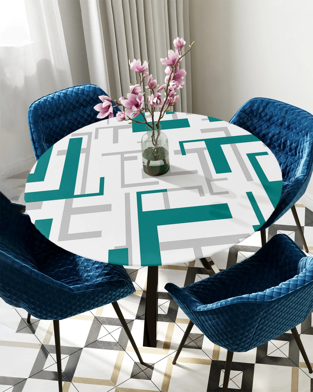 

Modern Art Geometric Figures Teal Round Elastic Edged Table Cover Protector Cloth Waterproof Rectangle Fitted Tablecloth