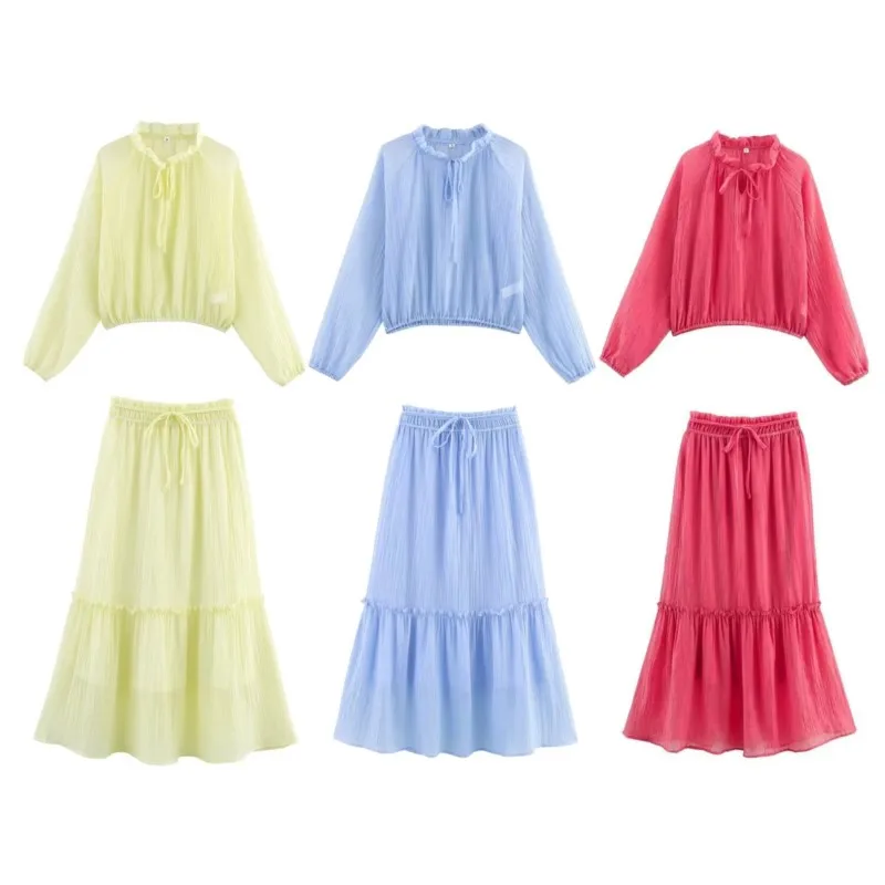 

TRAF Wrinkled Pants Set Women 2-piece Crinkled Effect Crop V Neck Top With Tie High Waist Skirt 2 Piece Set Women Outfit