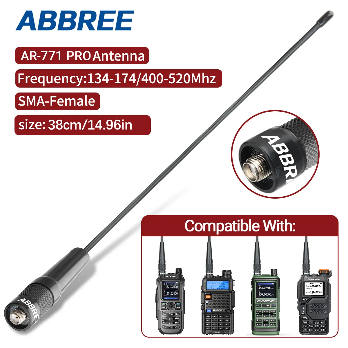 ABBREE AR-771 PRO Dwuzakresowa Antena SMA-Female do Walkie Talkie, Antena typu Whip do UV-5R BF-888S UV 21 PRO 5RH Quansheng UV-K6 UV K5