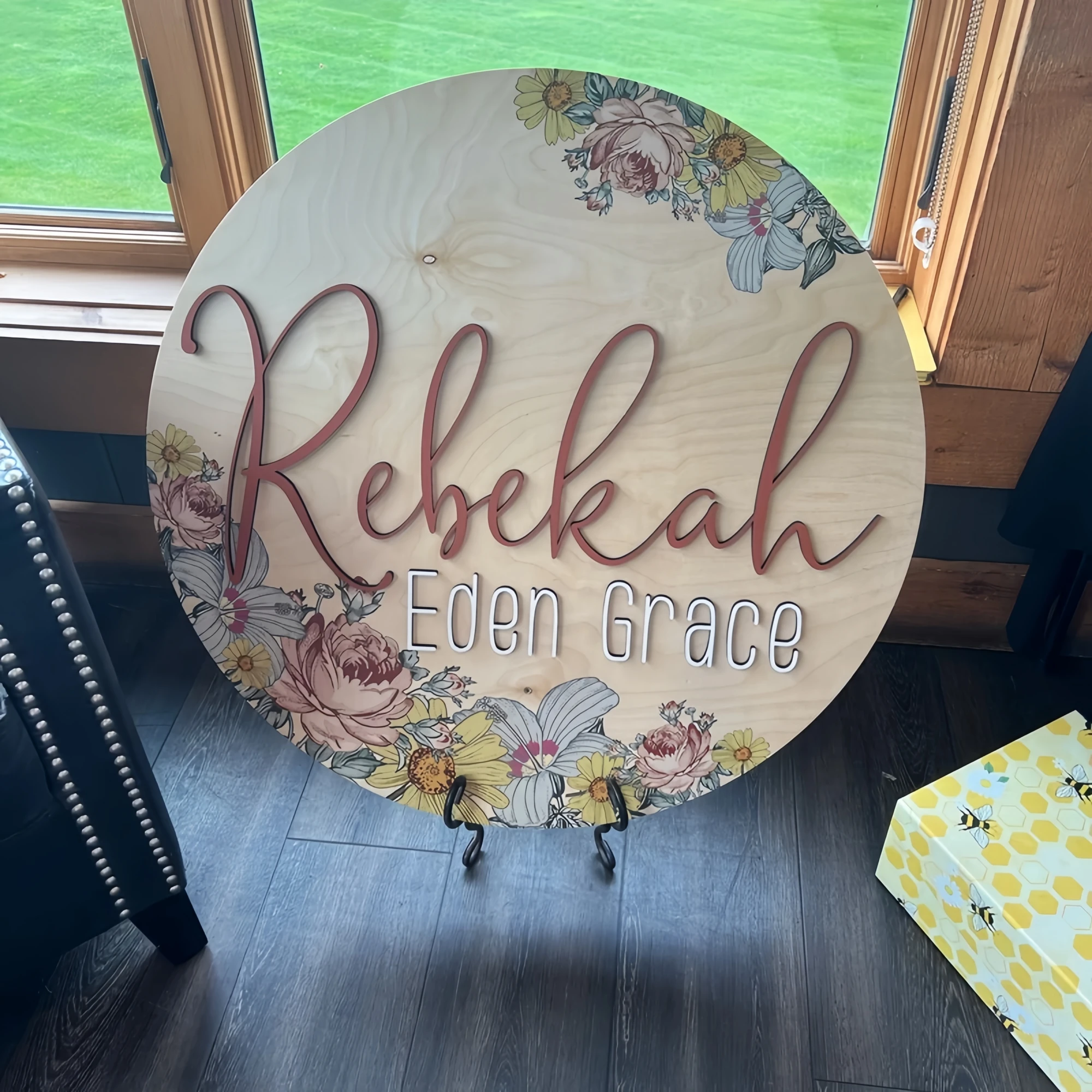 Round 3D Nursery Name Sign – Boho Floral Pattern, Personalized Wooden Baby Name Sign, Custom Nursery Wall Art, Baby Shower Gift