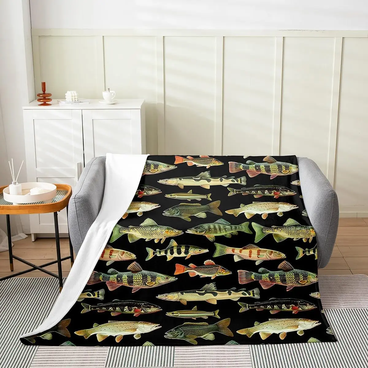 Retro Wild River Trout Bass Fish Species Graphic Print Flannel Blanket Cozy Lightweight Cover For Living Room Couch Household