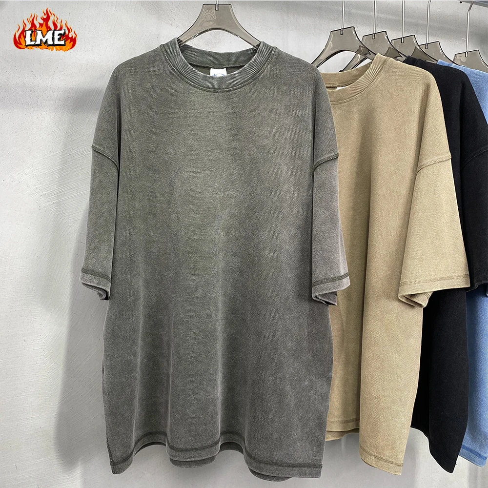 LME Summer Fashion Pique Cotton 400GSM Heavyweight Vintage Batik Acid Wash Round Neck Oversized Drop Shoulder T-shirt For Men