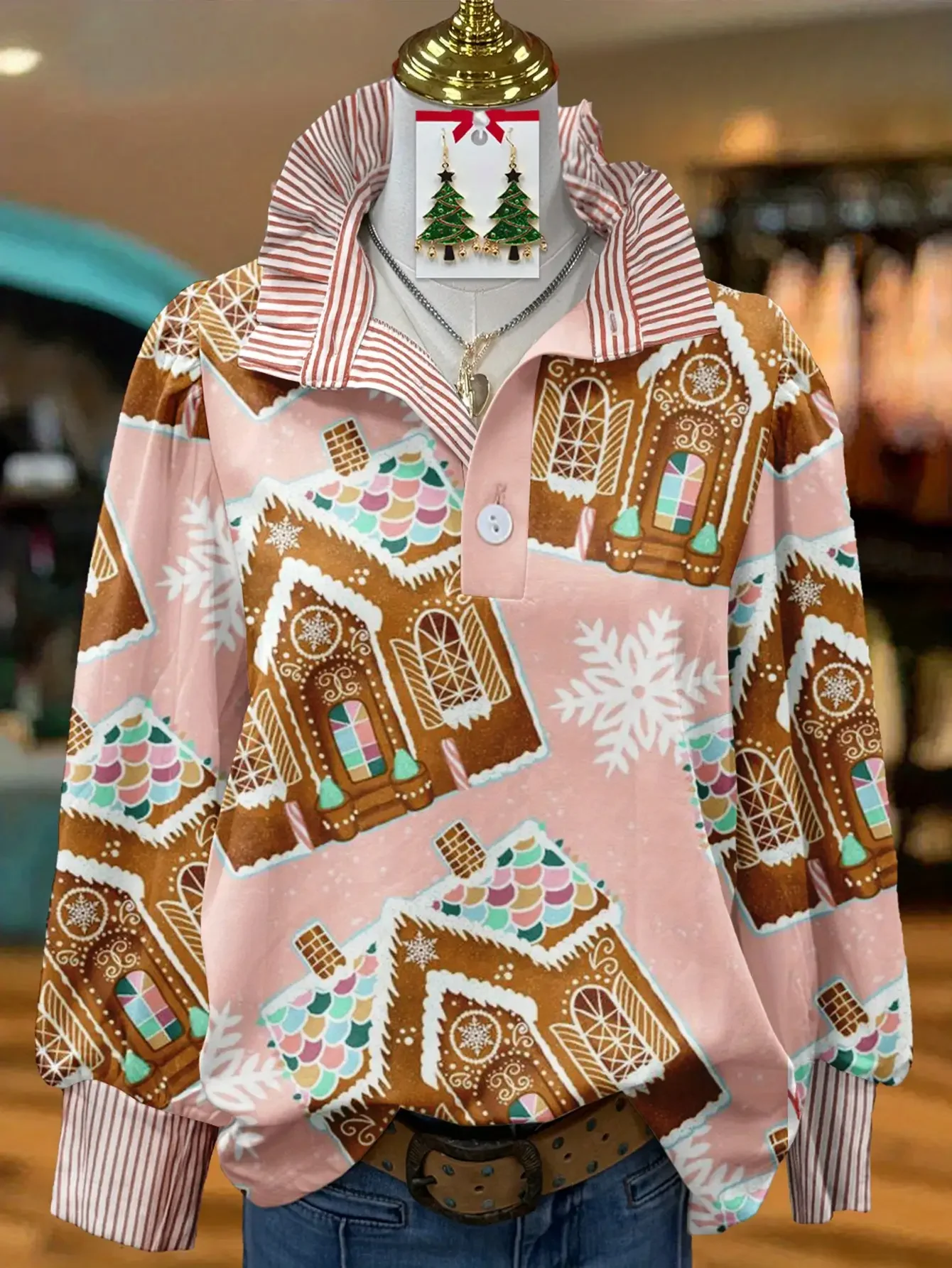 Women's striped personalized fashion shirt, multi-color striped collar, Plain checkered shirt for women