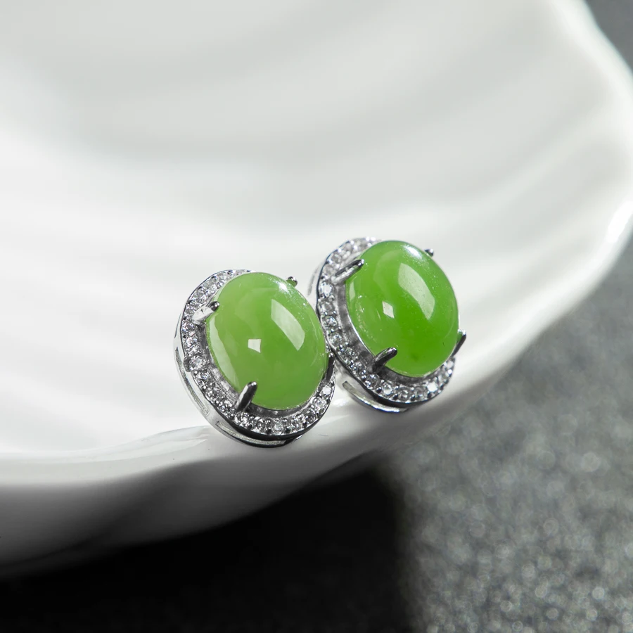 

TIMESWIND Green Natural Hetian Jade Oval-sahped Full Zircon Women S925 Earrings with Certificate