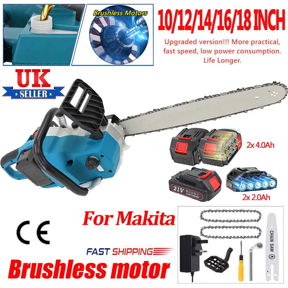 10-18'' Electric Cordless Chainsaw Powerful Wood Cutter Saw +4Battery For Makita