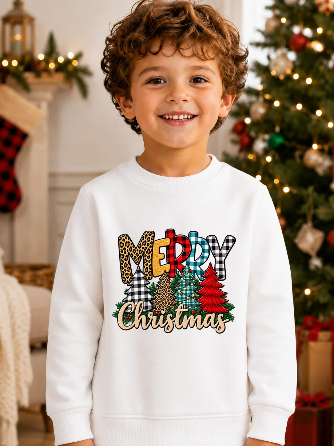 Christmas Kids Crew Neck Sweatshirt Merry Christmas Leopard Plaid Christmas Tree Print Boys Long Sleeve Pullover Toddler Top