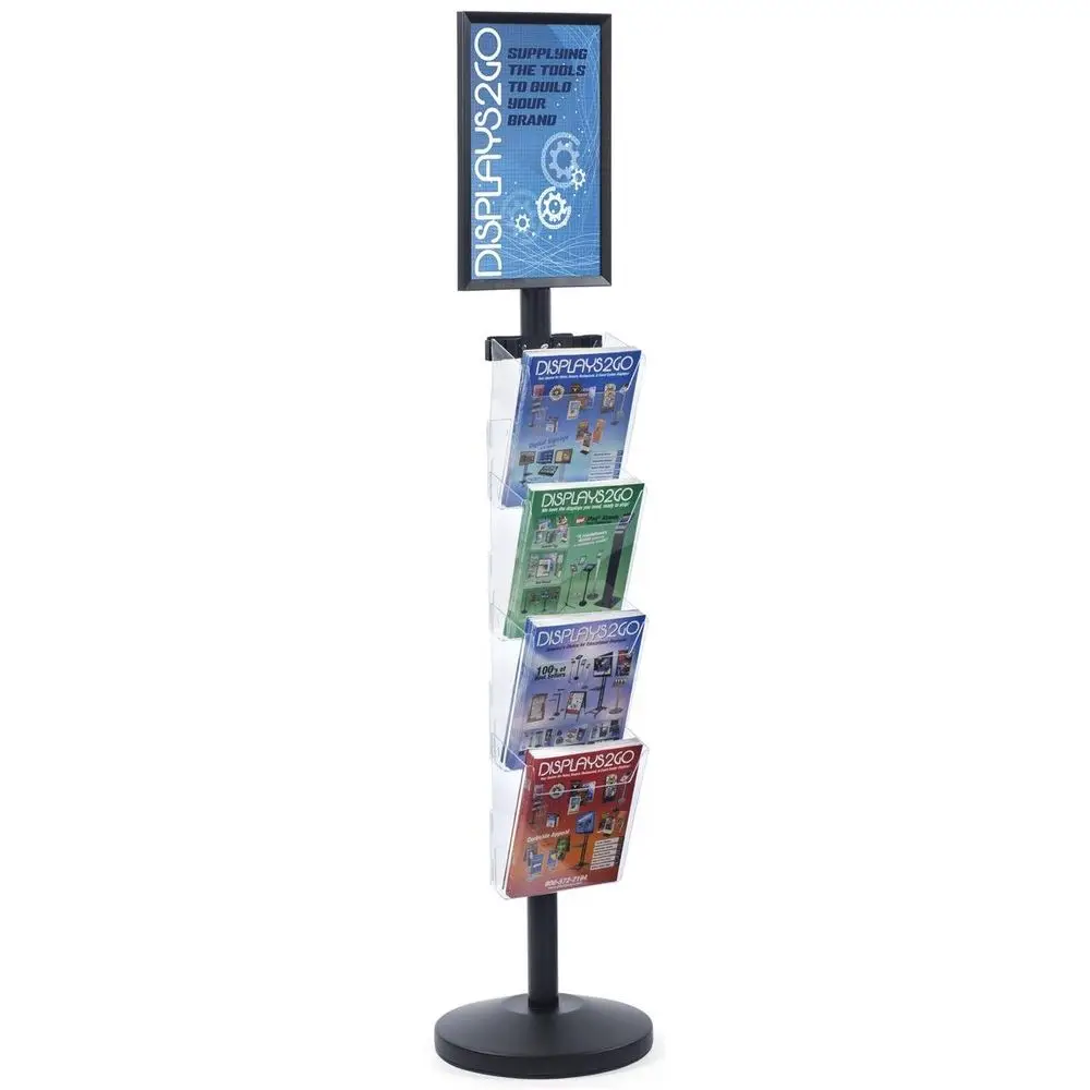 

65.5 Inch Floor Standing Magazine Rack with Sign Holder for 11 x 17 Graphics, DoubleSided, Stainless Steel, Acrylic, and PVC Co