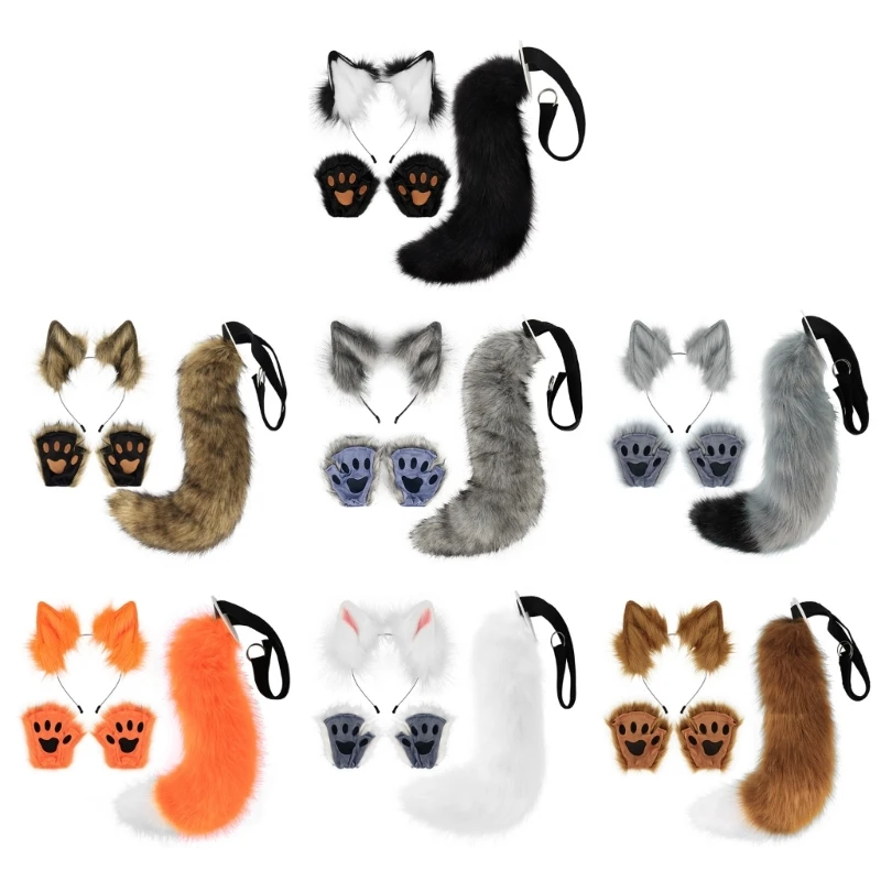 Y166 Faux Fur Cat-Foxes Ears Headband with Tail Set Tail,Foxes-Cat Ears Paw Gloves Tail Halloween Cosplay-Props