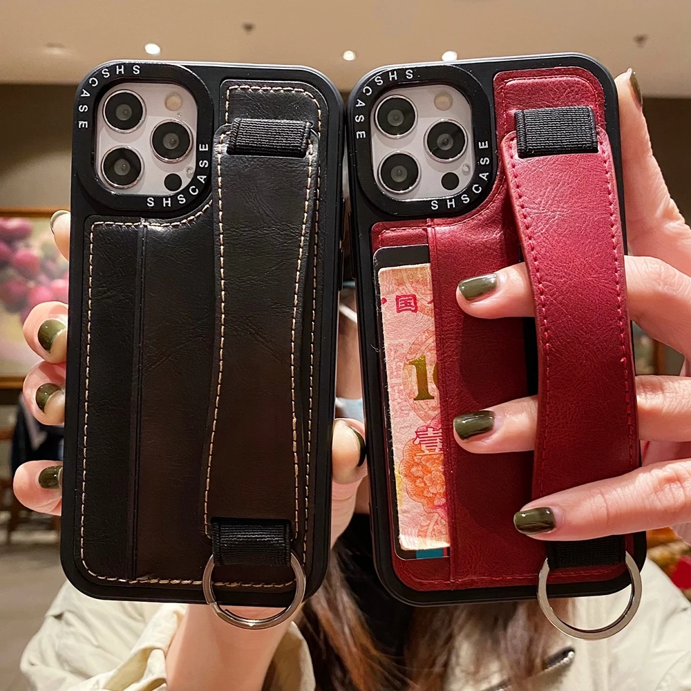 Leather Card Slot Wrist Strap Phone Case For iPhone 13 12 11 Pro Max 14 7 8 Plus Xr X Xs  Wallet Stand Holder Shockproof Cover