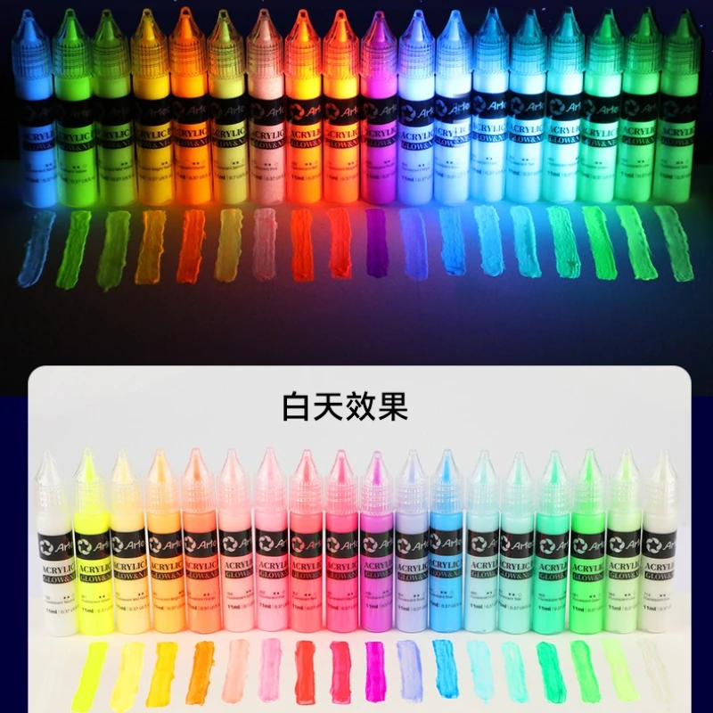 Zestaw farb akrylowych fluorescencyjnych 6/12/18 kolorów 11ML - Farby świecące w ciemności do tkanin, ubrań, butów, malowania ścian i sztuki. — zdjęcie produktu 5