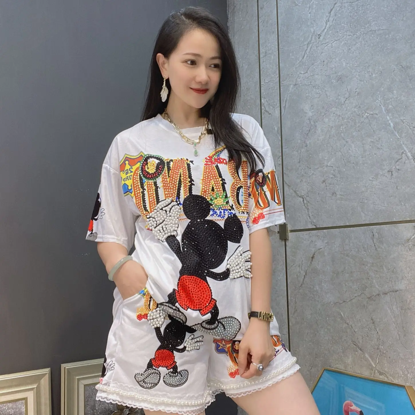 Fashion Summer Women Two-piece Set Mickey Printed Hot Drilling Beads Short Sleeve T-shirt Top Elegant Ruffles A-line Shorts Suit
