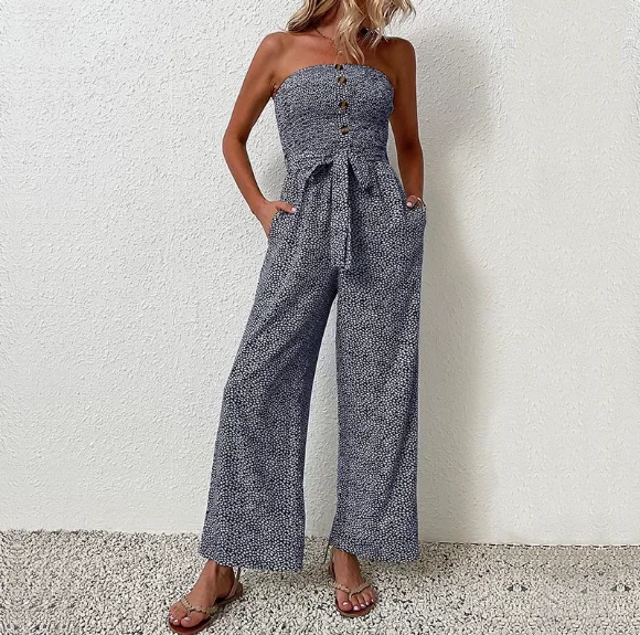 Women's Jumpsuit Summer New Fashionable Sexy Vacation Style Geometric Print Button Decoration High Waisted Strapless Jumpsuit