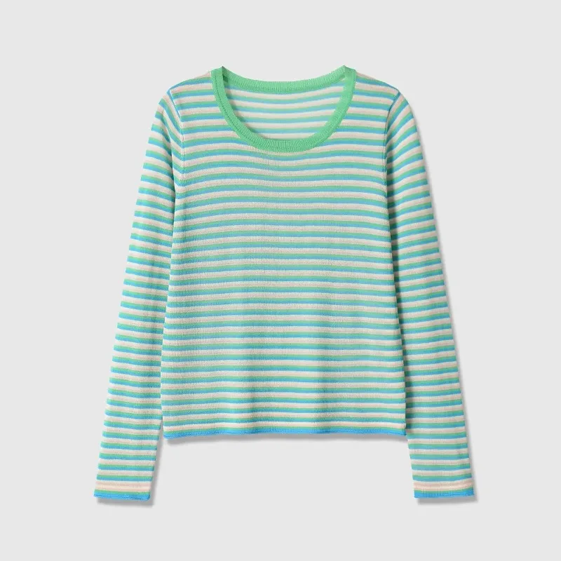 ZHIO Women Fashion Striped Knitted Pullover Sweater Vintage O-Neck Long Sleeves Female Chic Lady T-Shirts Tops