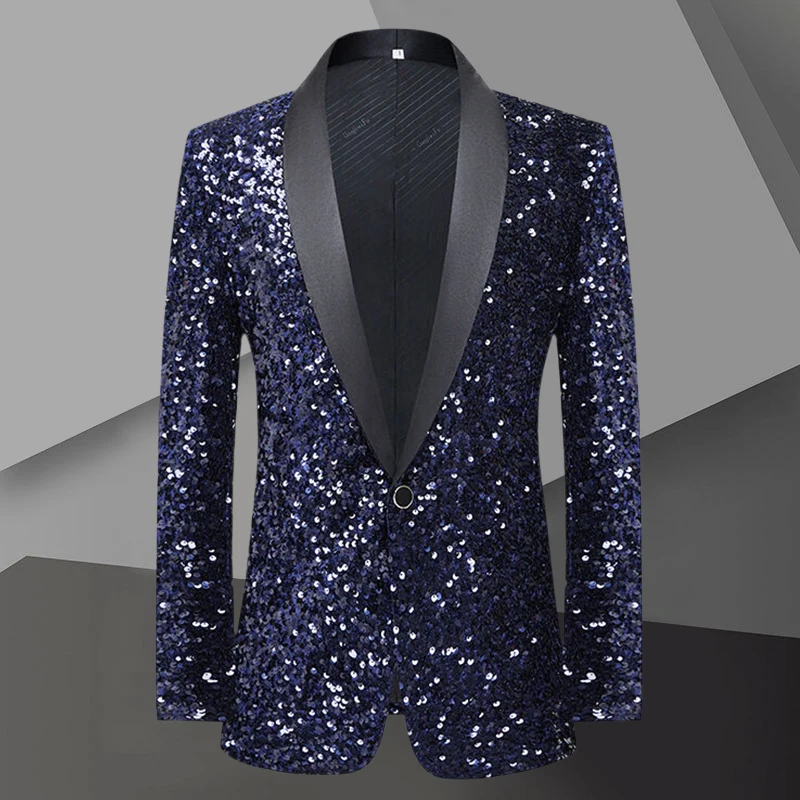 

Stage Performance Men Slim Fit Suit Jackets Luxury Blazer Hombre Sequined Suit Nightclub Bar DJ Singer Host Fashion Navy Coat