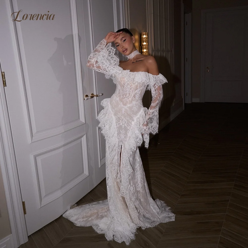 Lorencia Long Sleeves Lace Mermaid Wedding Dresses with Choker Off the Shoulder Ruffles High Slit Fitted Bridal Gowns Customized