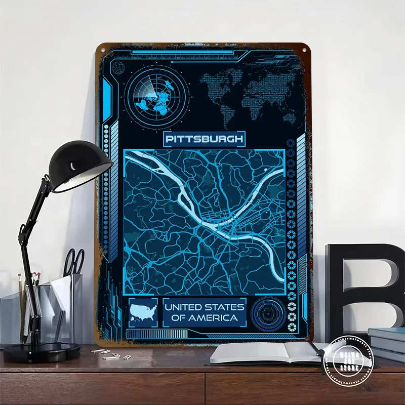 PITTSBURGH MAP USA Personalized 3D Textured Metal Poster Wall Art Tinplate Sign for Home Decor Living Room Decoration Gaming