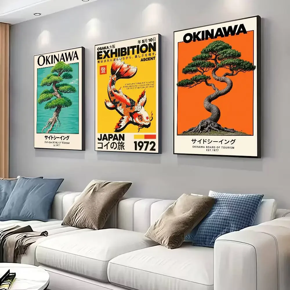 Japanese OKINAWA Koi Fish Flowers Trees Poster for Living Room, Bedroom, Office,or Bar, Frameless, Indoor Use, Bedroom Wall Art.