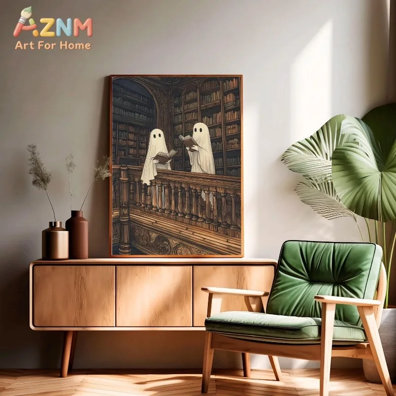 Two Sweet Ghosts Reading, Dark Academia Whimsical Gothic Art, Spooky Bookish Unframed Canvas Poster for Book Lovers Home Decor
