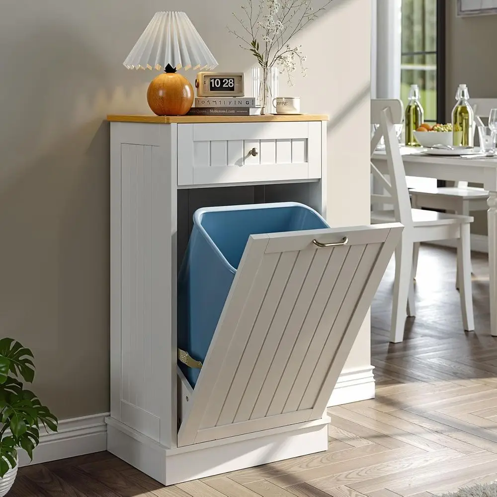 

White Tilt-Out Trash Bin Cabinet for Kitchen Island - Dog-Proof, No Garbage Bin or Hamper Included