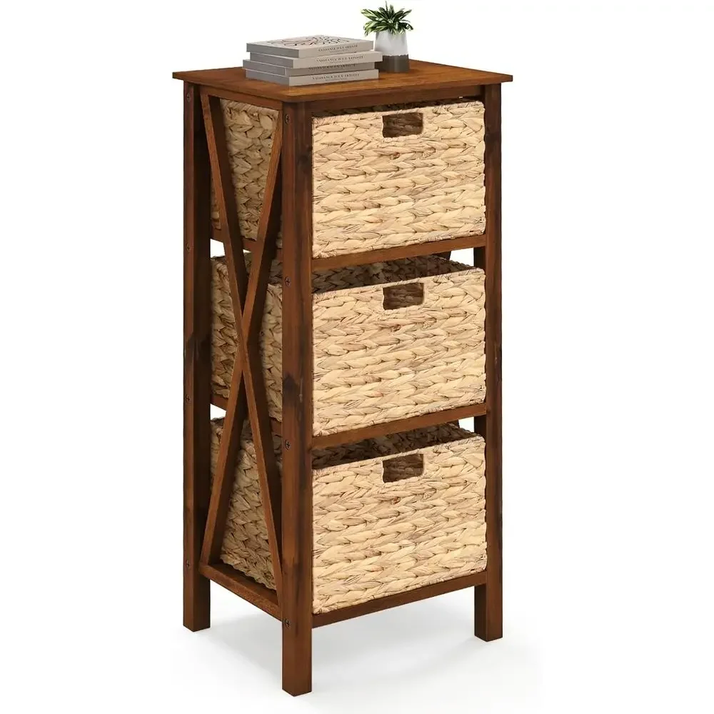 3-Tier Wicker Basket Nightstand, Wooden X-Design Side Table, Acacia Wood Legs, Walnut Accent Storage Cabinet for Small Spaces, B