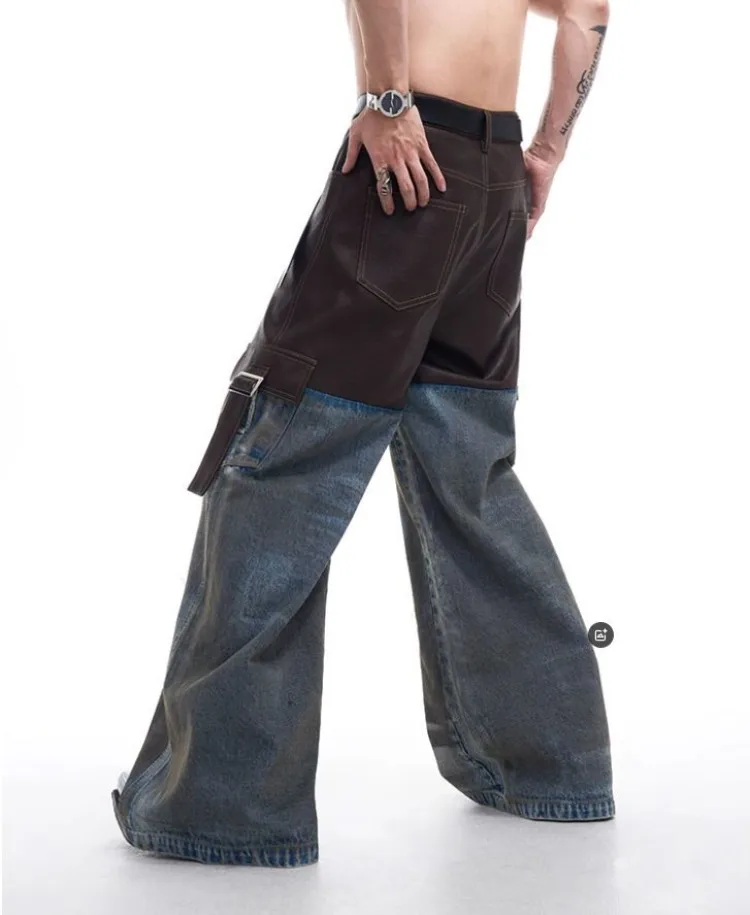 Pantalones desgastados Retro para mujer, traje de vaquero de otoño, pantalones vaqueros, ropa de calle Unisex, chaqueta vaquera de retales Vintage para mujer