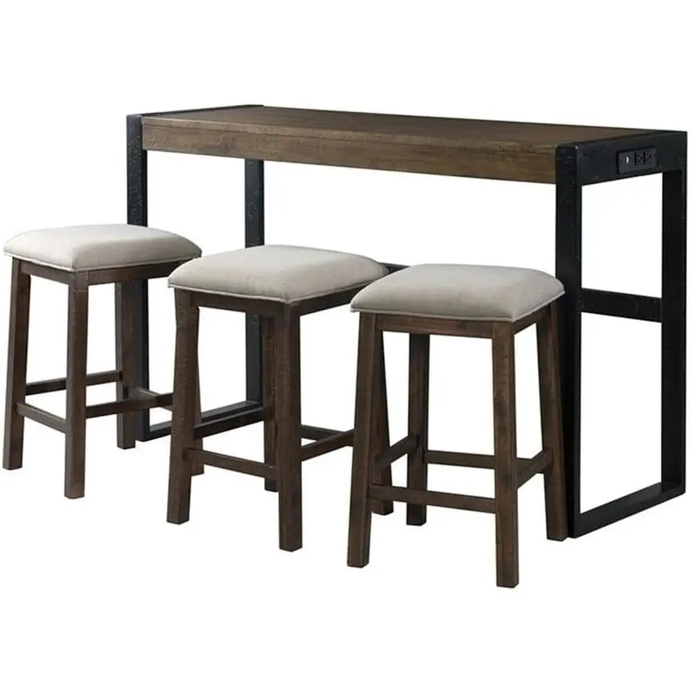 

Modern Multi-Position Home Bar with 3 Taupe Upholstered Stools in Walnut Finish
