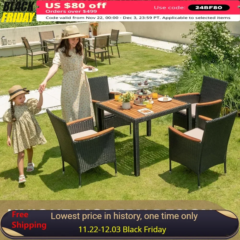 

5 PCS Rattan Outdoor Dining Sets, with Acacia Wood Top,and Chairs for Backyard, Garden, Deck,Outdoor Patio Conversation Set