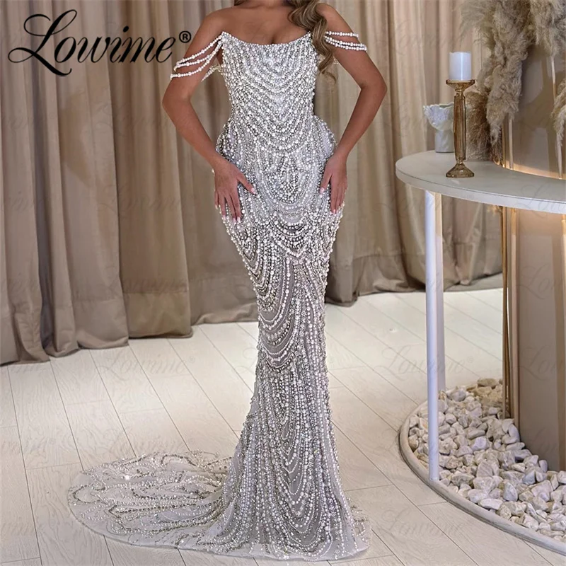 Pearl Full Beading Party Dresses Spaghetti Straps Mermaid Evening Dress Sequins Crystal Customize Long Prom Gown Robe De Soirée