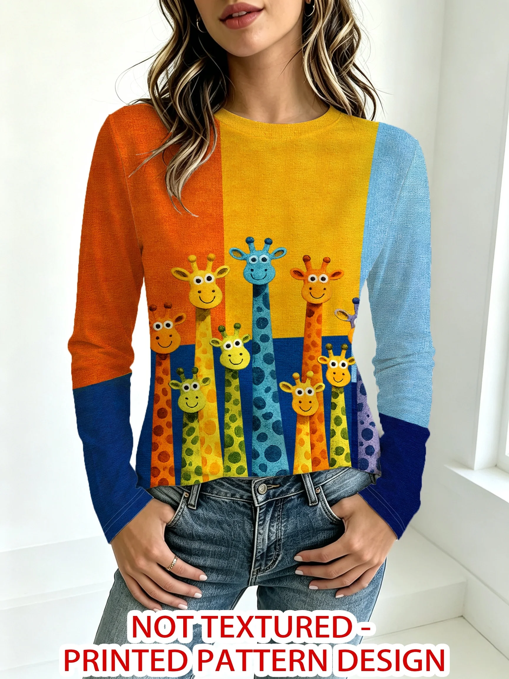 Women Long Sleeve Top 3D Print Colorful Cartoon Giraffe Color Block Round Neck Autumn Casual Tops Women's Clothes